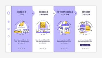 selecionando o modelo de vetor de integração de colchão apropriado. site móvel responsivo com ícones. passo a passo da página da web telas de 4 etapas. conceito de cores de tipos de cama com ilustrações lineares