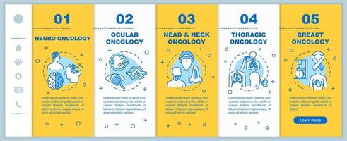 modelo de vetor de integração oncologia. tratamento do câncer ocular e torácico. site móvel responsivo com ícones. cabeça e pescoço, oncologia mamária. telas de passo a passo da página da web. conceito de cor rgb