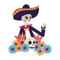 caveira de mariachi com personagem de quadrinhos de decoração floral vetor