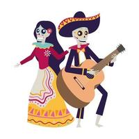 caveiras de catrina e mariachi dançando e tocando violão vetor