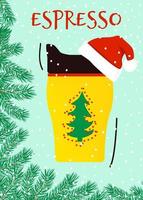 xícara de café expresso com chapéu de Papai Noel. banner promocional de férias. ilustração do vetor isolada.