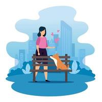 mulher com cadeira de madeira de parque e cachorro vetor