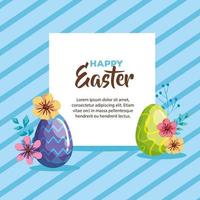 cartão de feliz páscoa com ovos decorados e flores vetor