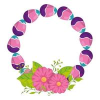 moldura circular de ovos de páscoa decorados e flores vetor