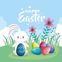 cartão de feliz páscoa com ovos decorados e coelho vetor