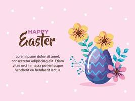 cartão de feliz páscoa com ovo decorado e flores vetor