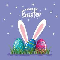 cartão de feliz páscoa com ovos decorados e orelhas de coelho vetor