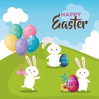 cartão de feliz páscoa com ovos e coelhos vetor