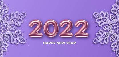 Modelo de cartão de ano novo de 2022 com floco de neve decorativo e números 3D brilhantes em fundo roxo