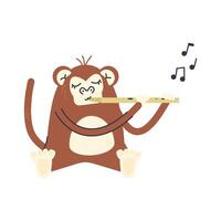 bebê chimpanzé jogando música em flauta. agradável macaco animal personagem conceito Projeto. berçário personagem e personagem Projeto arte. fofa macaco mão desenhado plano ilustração isolado em branco fundo vetor