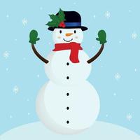 boneco de neve, nariz de cenoura, chapéu, luvas, lenço vermelho e flocos de neve. personagem de kawaii engraçado bonito dos desenhos animados. fundo azul da neve do inverno. cartão de felicitações. ilustração vetorial plana vetor