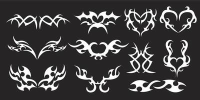 conjunto neotribal ano 2000 estético tatuagem gótico cobrir, chama ou asas abstrato silhueta isolado em fundo. divisor, fronteira, cyber corpo ornamento, neotribal rede gótico decoração vetor