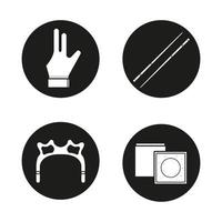 conjunto de ícones pretos de bilhar. tacos de sinuca, luva, cabeça de descanso e giz. equipamento de cuesports. Ilustrações brancas em círculos vetor