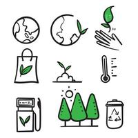 mão desenhada ecologia e ícone de linha relacionada ao meio ambiente em vetor de estilo doodle isolado