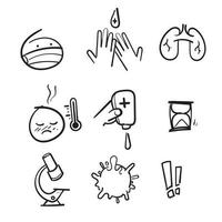 conjunto simples de ícones de linha de vetor relacionados à proteção contra coronavírus com vetor de estilo doodle desenhado à mão isolado