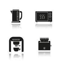 aparelhos de cozinha drop shadow black icons set. chaleira elétrica, forno microondas, cafeteira e torradeira. ilustrações vetoriais isoladas vetor