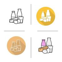 ícone de produtos lácteos. design plano, estilos lineares e de cores. garrafa e copo de leite, queijo e ovos. ilustrações vetoriais isoladas de produtos lácteos vetor