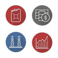 conjunto de ícones plana linear longa sombra da indústria petrolífera. plataforma de petróleo e barris, lata de gasolina e gráfico de crescimento. comércio de petróleo. vetor
