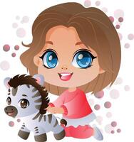 feliz menina crianças fofa jogando com zebra brinquedos desenho animado personagem vetor