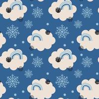 padrão sem emenda abstrato de inverno azul com flocos de neve, nuvens, arco-íris. na moda mão desenhada texturas fundo de inverno. design abstrativo de neve para papel, tecido, decoração de interiores, embalagem, têxteis vetor