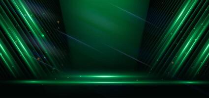 abstrato elegante Sombrio verde etapa fundo com azul néon linha e iluminação efeito brilhar. luxo modelo prêmio Projeto. vetor