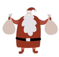 mão desenhada vetor divertido Papai Noel com sacos nas mãos com muitos presentes surpresa, tempo de feliz Natal. ilustração de bebê cartão de felicitações tipografia moderna isolada
