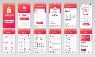 Conjunto de UI, UX, telas de GUI Compras app design plano modelo para aplicativos móveis, wireframes site responsivo. Kit de interface do usuário de Web design. Painel de compras. vetor