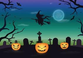 halloween, lua cheia, bruxa, cemitério, túmulos, abóbora e morcegos vetor