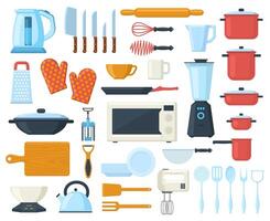 utensílios de cozinha cozinhando culinária talheres, ferramentas, utensílios elementos. talheres, cozinha Ferramentas e pratos ilustração definir. cozinha utensílios elementos vetor