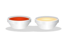 Taças de molho de ketchup e maionese isoladas no fundo branco vetor