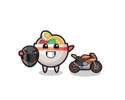 desenho bonito de macarrão como um piloto de moto vetor