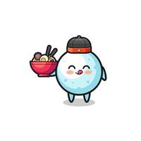 bola de neve como mascote do chef chinês segurando uma tigela de macarrão vetor