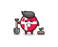 desenho bonito da bandeira da Dinamarca está plantando uma semente de árvore vetor