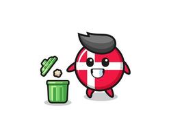ilustração da bandeira da Dinamarca jogando lixo na lata de lixo vetor