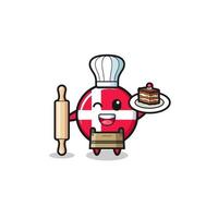 bandeira da dinamarca como mascote do chef pasteleiro segurando o rolo de massa vetor