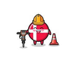 mascote do trabalhador rodoviário da bandeira da Dinamarca segurando uma máquina de perfuração vetor