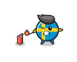 ilustração do mascote da bandeira da Suécia jogando fogo de artifício vetor