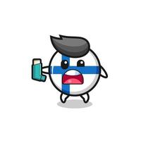 mascote da bandeira da finlândia tendo asma enquanto segura o inalador vetor
