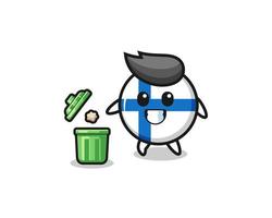 ilustração da bandeira da finlândia jogando lixo na lata de lixo vetor