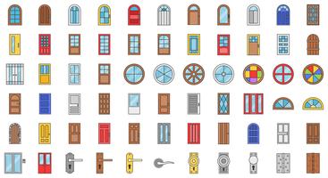Conjunto de ícones de instalação de porta e janela, contorno preenchido vetor