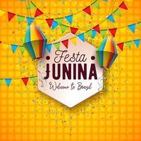 festa junina ilustração com colorida papel lanterna e tipografia carta em amarelo xadrez fundo. festa de são joao Brasil Junho tradicional feriado festival Projeto para celebração vetor