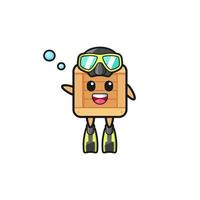 o personagem de desenho animado do mergulhador de caixa de madeira vetor