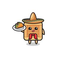 caixa de madeira mascote do chef mexicano segurando um taco vetor