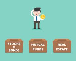Empresário, escolhendo a caixa para investimento entre ações e títulos, vetor