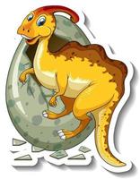 Adesivo de dinossauro parasaurolophus saindo de ovo de personagem de desenho animado vetor