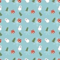 boneco de neve, árvore de Natal, casa e padrão de repetição de vetor de flocos de neve, padrão de repetição de Natal de mão desenhada para plano de fundo, papel de parede, embrulho de presente, têxteis, embalagens, banner.