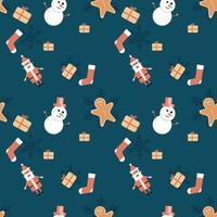 caixa de presente, Papai Noel, homem-biscoito, homem da neve com chapéu e floco de neve sem costura de fundo. melhor para tecido de férias de inverno, papel de embrulho, scrapbooking, projetos de design de cartões comemorativos. vetor