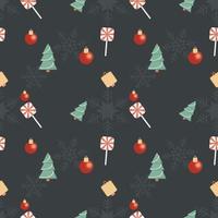 árvore de natal, pirulito, bola decorativa, sino, vetor em fundo sem emenda do tema do canto arredondado. melhor para tecido de férias de inverno, papel de embrulho, scrapbooking, projetos de design de cartões comemorativos.