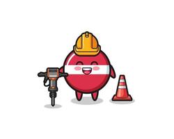 mascote do trabalhador rodoviário da bandeira da Letônia segurando uma máquina de perfuração vetor