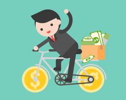 Homem negócio, montando, um, dinheiro, bicicleta, com, caixa pacote, cheio, de, dólar, nota, vetor